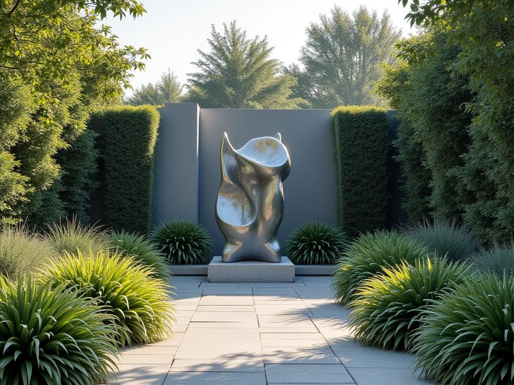 Escultura moderna integrada armoniosamente en diseño de jardín